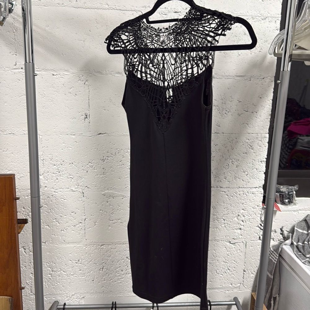 Super Cute Black Tight Mini Dress - Web Top Detailing - Zipper Closure